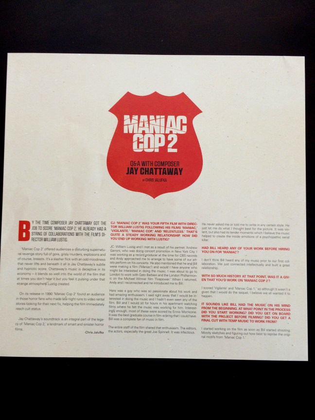 Liner notes insert of 'Maniac Cop 2' LP