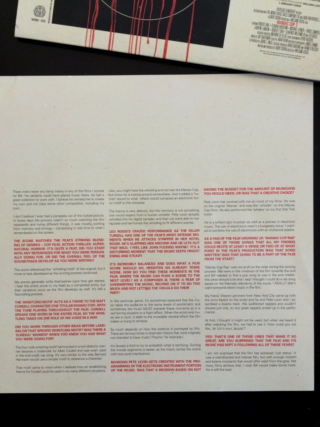 Liner notes insert of 'Maniac Cop 2' LP